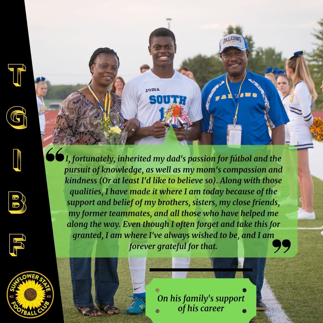 SunflowerStFC's tweet photo. LIVE FROM KC! IT’S FRIDAY NIGHT! Today’s player is 24-year-old center midfielder and right back, DAKOTA OKWUONE!! Check out his full bio on IG &amp; FB #KansasSoccer #SunflowerSoccer #workbettertogether #flowerpower #precisionmatters #SmileOP #outworkthem #BioFriday @thedarkhorse_ai https://t.co/o8UZZVMhf9