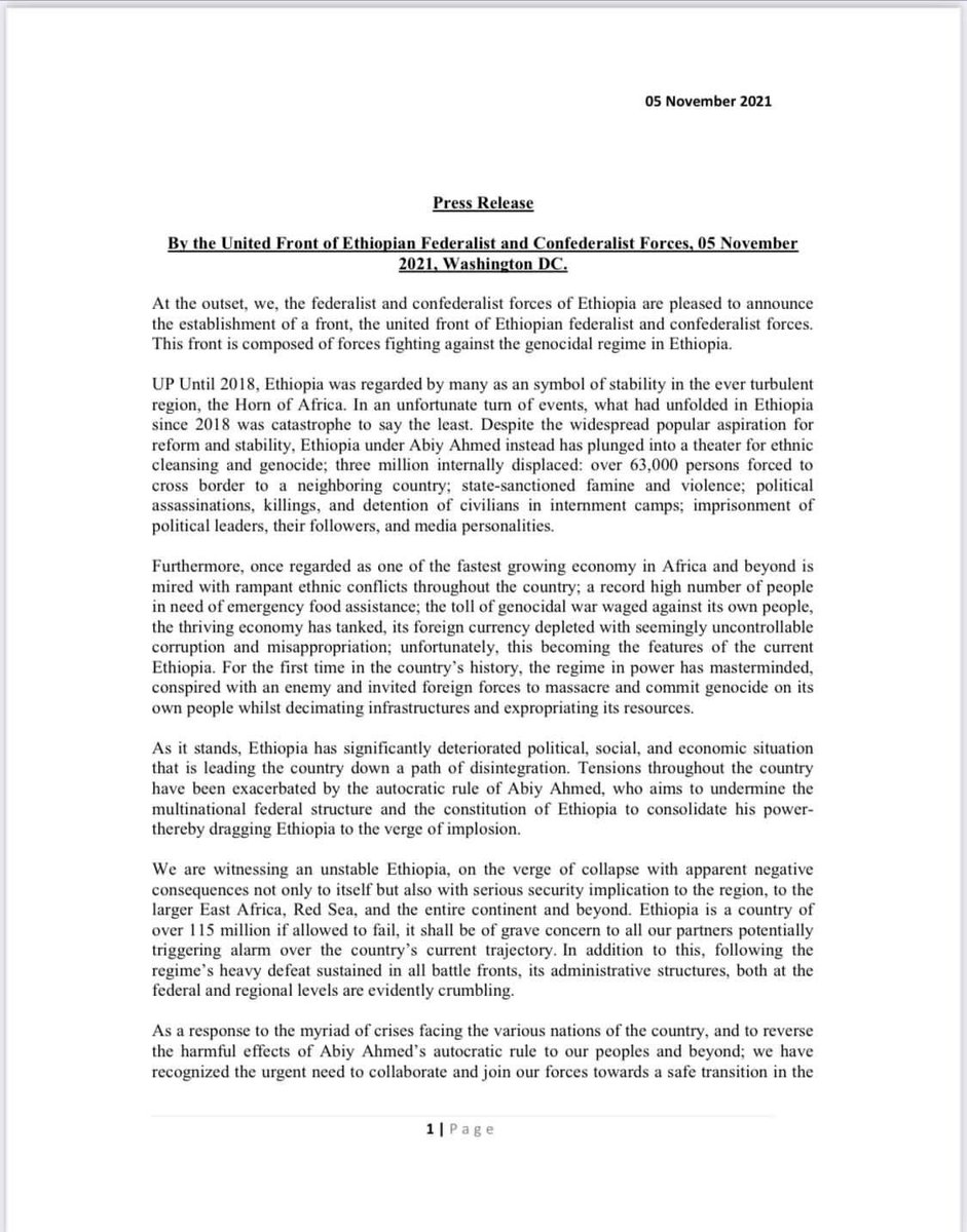 ProfKindeya's tweet photo. A breakthrough: Nine forces have formed an alliance for a United Front of Ethiopian Federalist &amp; Confederalist Forces fighting against the genocidal regime in #Ethiopia https://t.co/trfDZohXLm