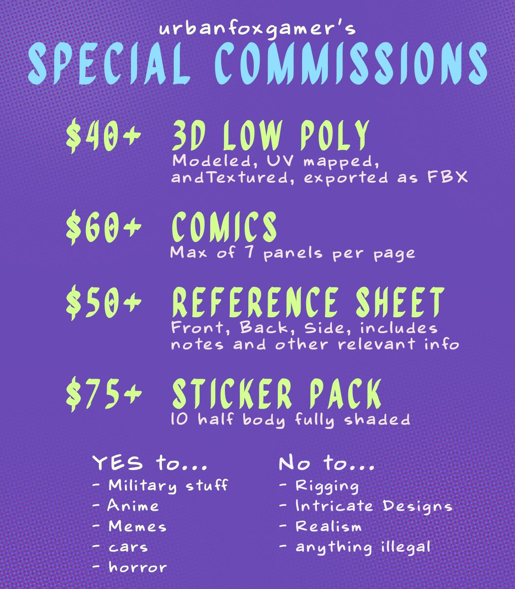 UrbanFoxGamer's tweet photo. commission slots are open! just dm me!

#lowpoly #commissionsopen #commissions #furry #furryart #furrycommission #furryfandom #3dmodeling #cute #artcommissions #ArtCommission #drawing #digitalart #CommissionSheet #furryartwork #ケモノ https://t.co/wtTwfMYLxN