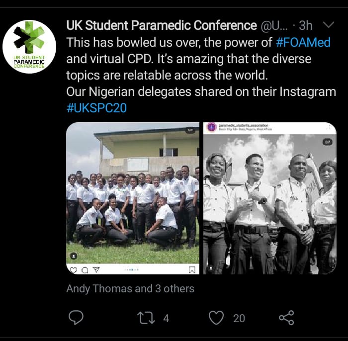 PaSANnigeria's tweet photo. Reviews of the UK Student Paramedic Conference 2020. We are so excited to attend this year's 2021 conference . Many thanks @ParamedicsUK @GaryStrong18 @UKSPC for this great opportunity you've made possible for us. #GratefulHearts #UKSPC21 #FewHours2Go #PaSAN #UKParamedicStudents https://t.co/MbiPx7Jo2t