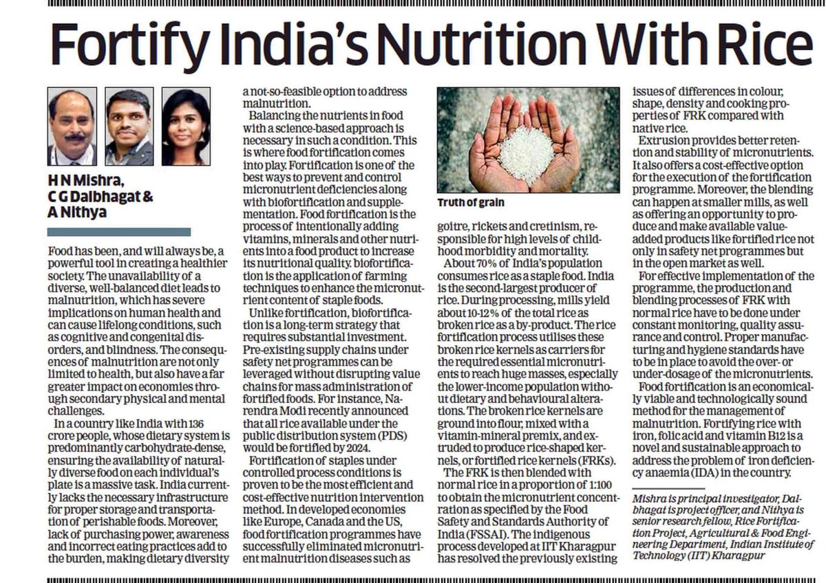 fctl_iitkgp's tweet photo. An article in Economi Times about role of rice fortification for food security. It describes sustainability &amp; impact of rice fortification. 
https://t.co/usepSosoni #fortification #research #rice #foodsecurity #nutrition #food_engineering #makeinindia #iitkgp
@DBTIndia @IITKgp https://t.co/axMR2AgUln