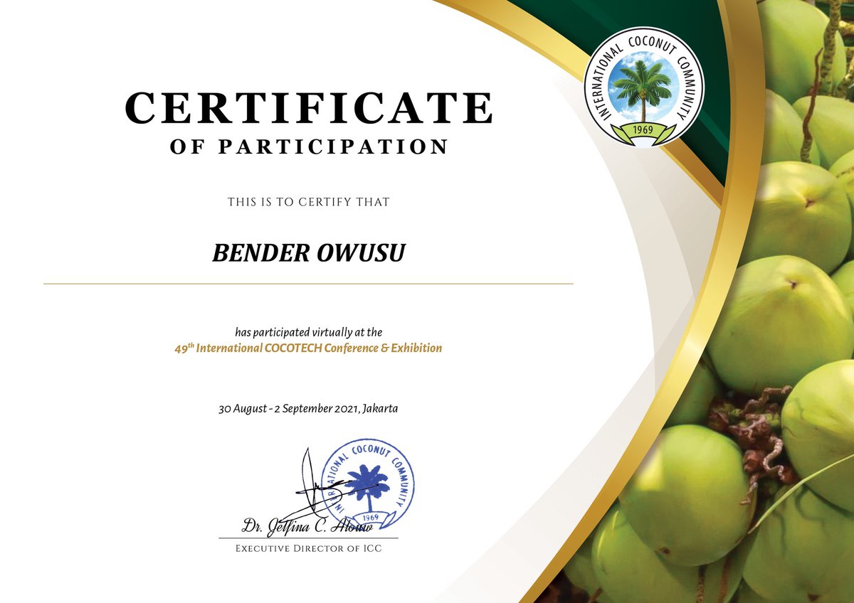 mycocobenz's tweet photo. .....there is more 🙏🏼😊 if it is with God🛐
Congratulations to our CEO @BediakoAntwi for this achievement
#grateful #resilience #passion #Jakarta #ICC #COCOTECH #certificate #participation #coconuts
A Big thanks to @CoconutCommuni1 @icc_sec https://t.co/RE7PSB9WA7