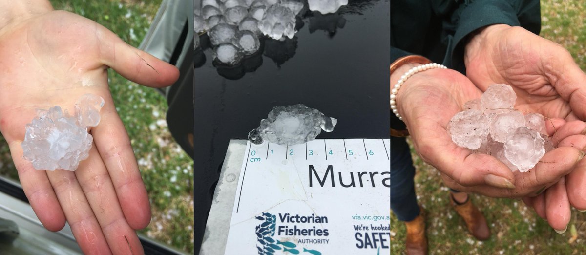 BOM_Vic's tweet photo. Pics of the 3-4cm hail observed at Gouburn Weir near Nagambie at around 3:30pm this afternoon. Stay safe out there!
Stay up to date at: https://t.co/bv2k6bDe7t or on your #BOMApp, and follow advice from @vicsesnews and @vicemergency.
📷 Claire Yeo https://t.co/upDtB2uUi2