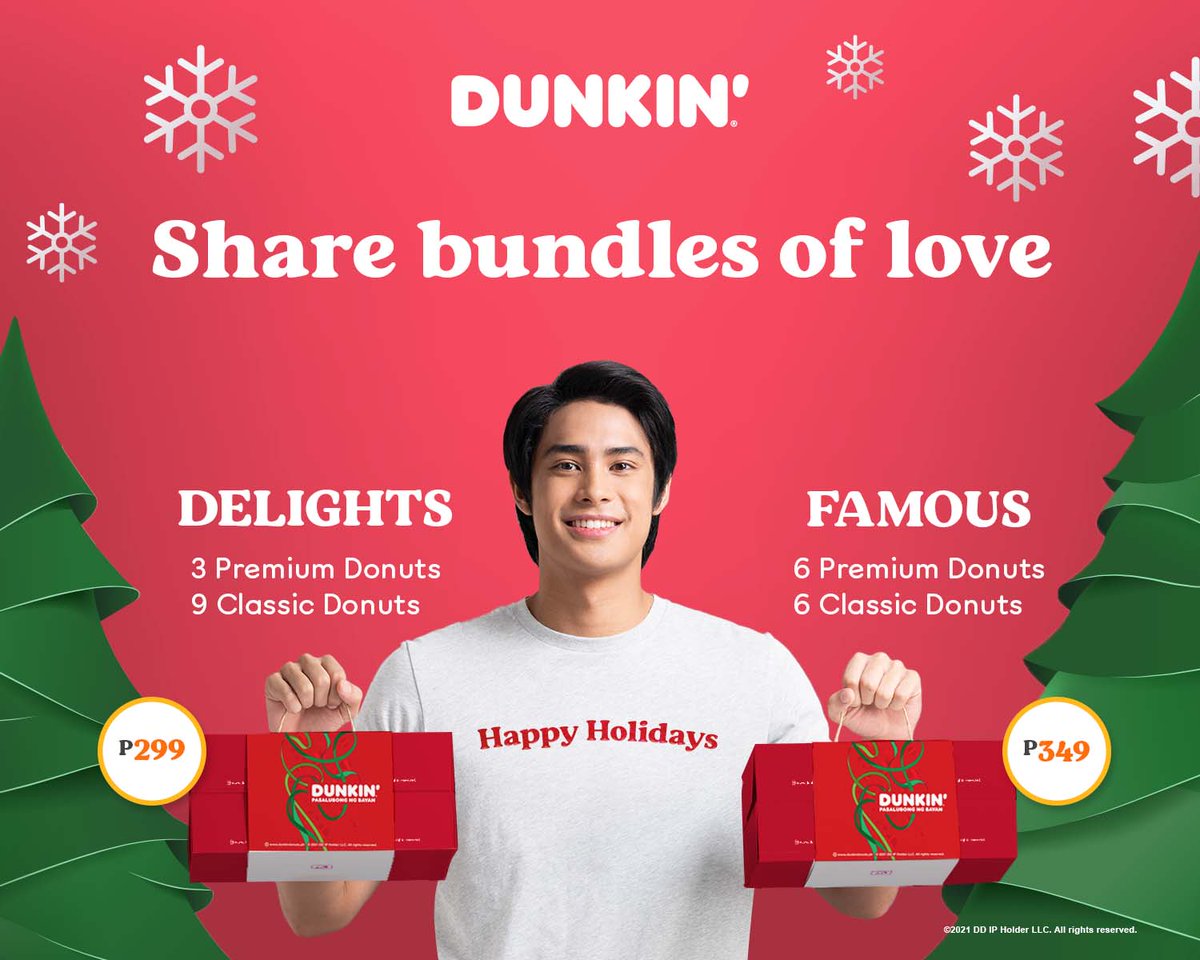 dunkinph's tweet photo. This season of giving, savor both premium and classic tastes with our Delights and Famous Bundles perfect for sharing with people you love. 🎁 

#DunkinPH #PasalubongNgBayan https://t.co/mFvTBH3xue