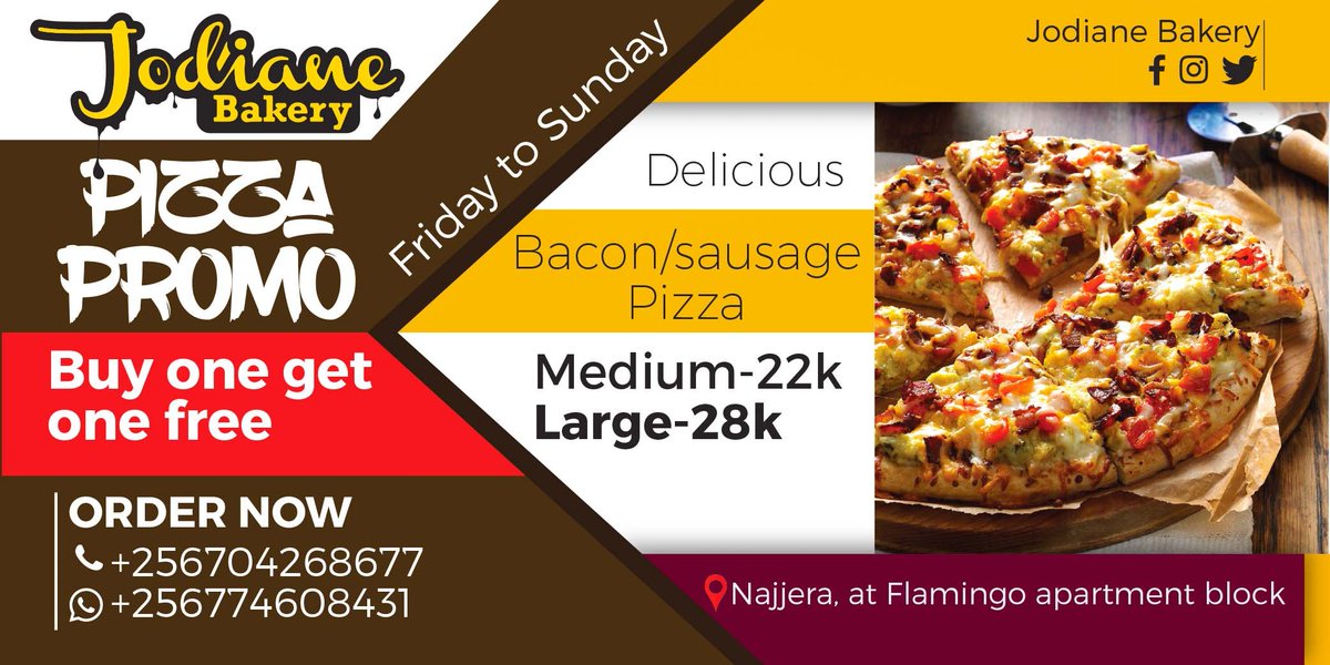 jodianebakeryug's tweet photo. Buy one get one free from Friday to Sunday
All kinds of Pizza at an affordable price @jodianebakeryug that is, beef, chicken, bacon/sausage, veggie, Hawaiian &amp; margarita pizza.
Located in Najjera on Flamingo apartment bloc
#food #snack #pizza #resturants #foodphotography #bakery https://t.co/OZuyNmXNiR