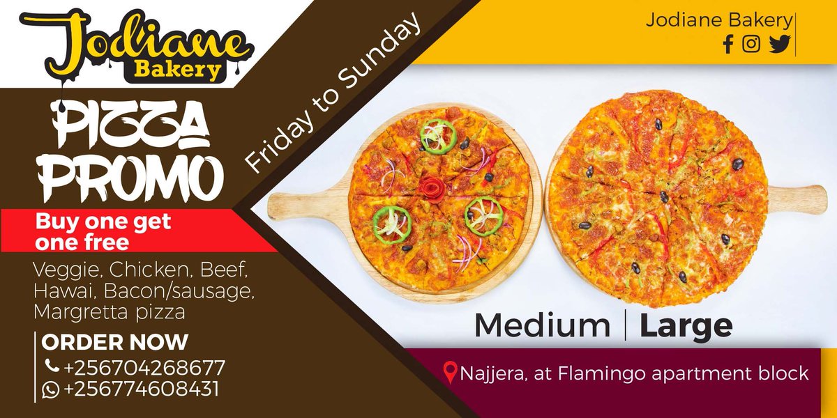 jodianebakeryug's tweet photo. Buy one get one free from Friday to Sunday
All kinds of Pizza at an affordable price @jodianebakeryug that is, beef, chicken, bacon/sausage, veggie, Hawaiian &amp; margarita pizza.
Located in Najjera on Flamingo apartment bloc
#food #snack #pizza #resturants #foodphotography #bakery https://t.co/OZuyNmXNiR