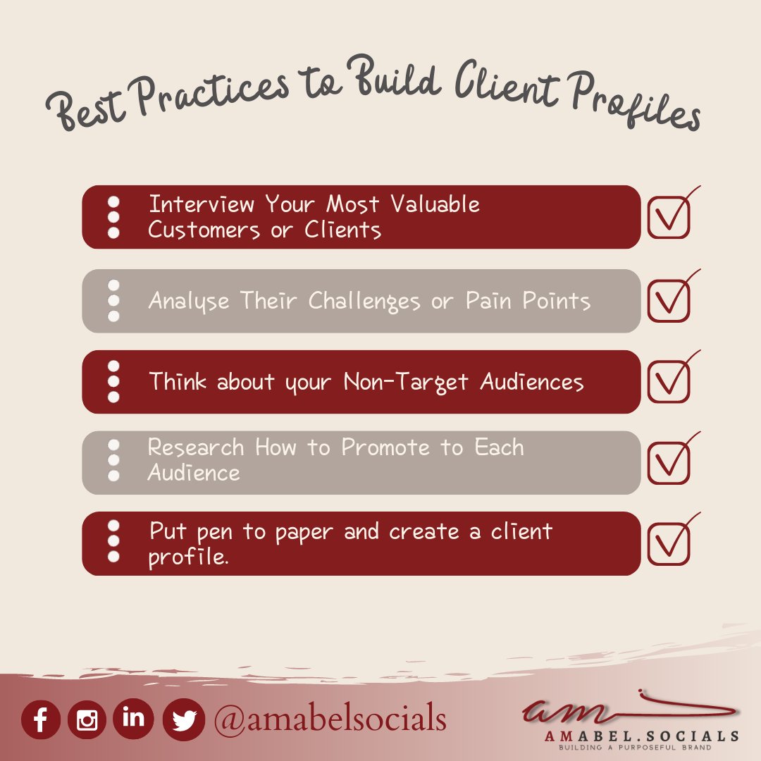 amabelsocials's tweet photo. Here are the best practices for developing client profiles:
1. Interview Your Most Valuable Customers or Clients
2. Analyse Their Challenges 🤔
3. Consider Non-Target Audiences
4. Research How to Promote to Each Audience 
5. Put pen to paper and create a client profile ✍️ https://t.co/BewjQNzaMX