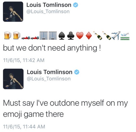 todays1dhistory's tweet photo. Today (November 6) in 2015 - Louis shows off his emoji skills as the boys release their latest single, History 🎉🎉 https://t.co/4u28iheMm5