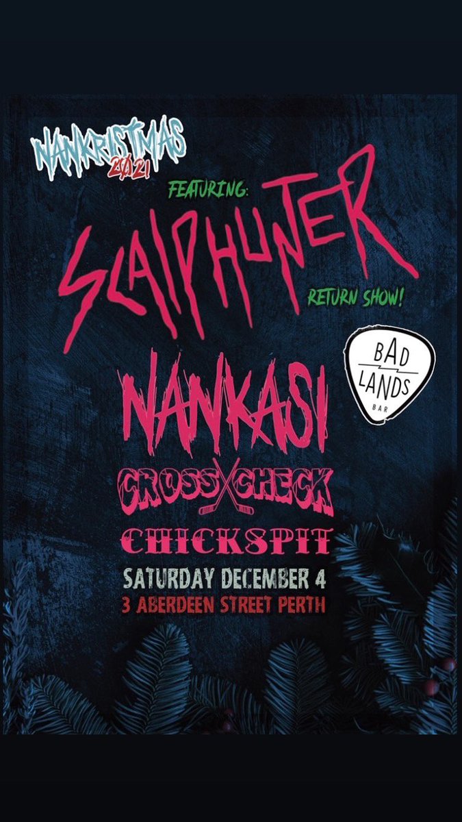Nankasiperth's tweet photo. When we went to Myer to sit on Santas lap and he asked what we wanted this year, the only possible answer was @ScalphunterRock at Badlands - and by the magic of Nankristmas, it was so. December 4th. Tix: https://t.co/jSsXxxuLHA https://t.co/2P9NSbk3au