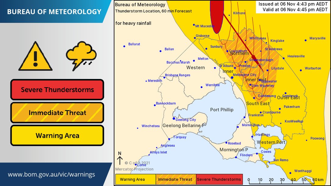 BOM_Vic's tweet photo. ⚠️ Severe Thunderstorm Warning for #Melbourne UPDATED. Severe storms forecast to affect #Craigieburn, #Greensborough &amp; #Preston by 5:15pm, and #Dandenong, #GlenWaverley &amp; #Ringwood by 5:45pm. Heavy rainfall may lead to flash flooding.
Details: https://t.co/aECUmDNb4j #VicWeather https://t.co/WIMkIWIgAQ