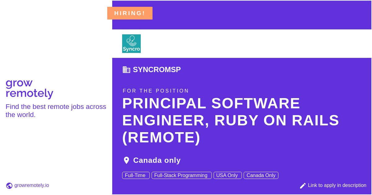 growremotelyio's tweet photo. Check out this job at SyncroMSP for the position Principal Software Engineer, Ruby on Rails (Remote).
Apply link: https://t.co/ROCey6P4h2
#hiring #remotejobs #SyncroMSP #Programming https://t.co/n8CnDLnFQA