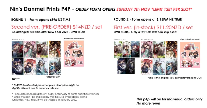 #ninp4p - INFO UPDATE -
Ok this is the final one now 🙏💦

📢7th NOV NZ TIME (Tomorrow!)

✨Individual orders only - limit slots
📣Round 1 form _Rerun pre-order (second ver): 6PM
Ships after New Year

📣Round 2 form _Leftovers (first ver): 6.15PM
Ships as soon as it is paid! 