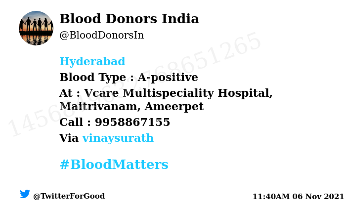 BloodDonorsIn's tweet photo. #Hyderabad
Need #Blood Type :  A-positive
Blood Component : Blood
Number of Units : 2
Primary Number : 9958867155
Secondary Number : 9436462736
Via: @vinaysurath
#BloodMatters
Powered by Twitter https://t.co/kCvKJCLR9y