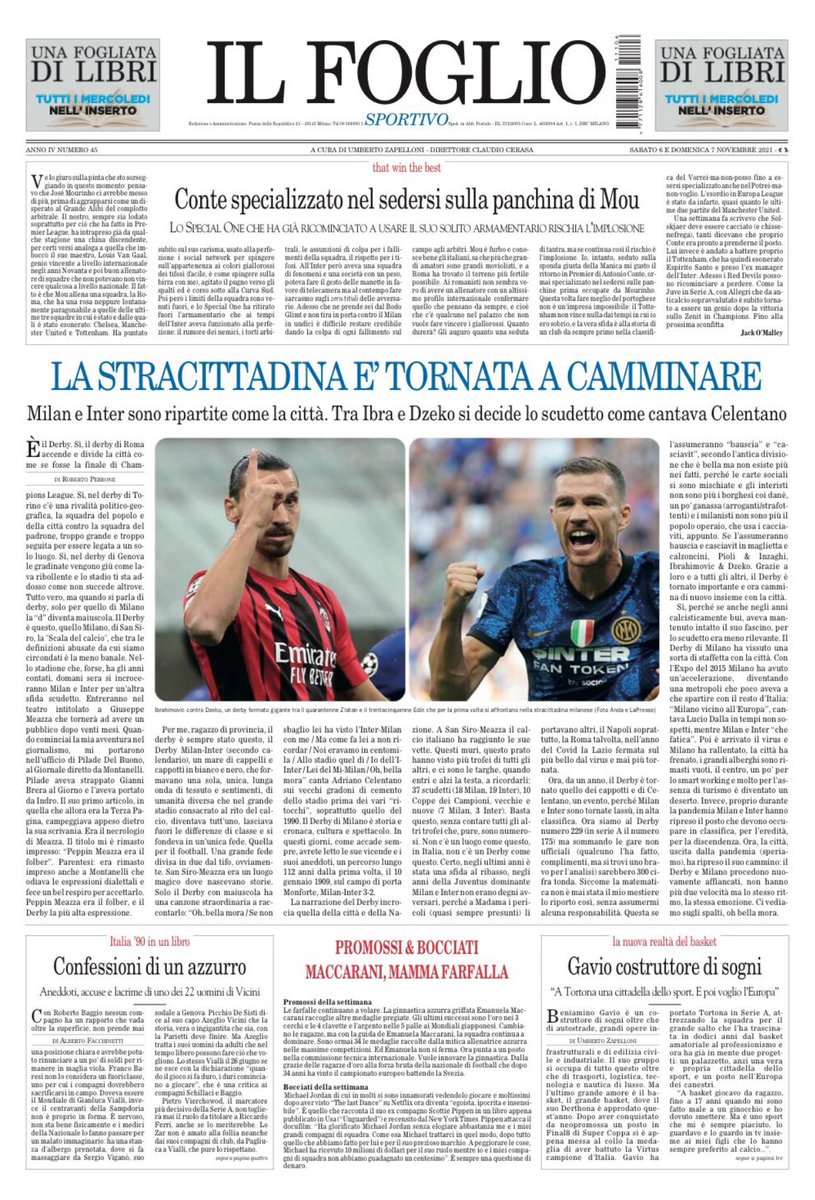 uzapelloni's tweet photo. Sull’inserto sportivo de @ilfoglio_it di oggi si parte dal #DerbyMilano per arrivare all’azzurro di #vicini che racconta in un libro #indiscreto i retroscena di #italia90; #dybala poi #gavio e il @DerthonaBasket #FaCup #AllBlacks #berruto e il ciclismo. Gli stipendi dei dirigenti https://t.co/lhFzjzzQ7f