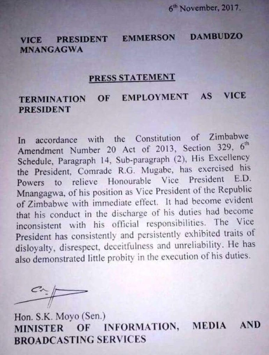 BusinessTimesZW's tweet photo. #TodayinHistory On this day in 2017 then VP @edmnangagwa was fired for, among others, demonstrating "little probity in the execution of his duties". He was sworn in as President 18 days later.
@InfoMinZW @Wamagaisa @PedzisaiRuhanya
@ZiFMNews @HevoiNews @984News1 https://t.co/JlCX5ZeCb0