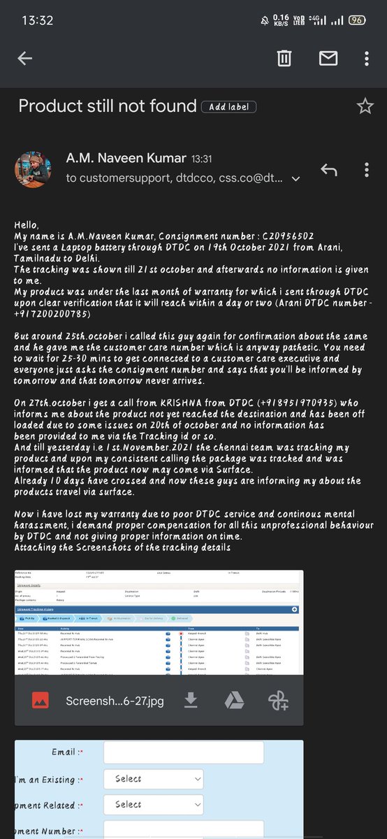naveenkumarAMNK's tweet photo. I sent a Laptop Battery through DTDC on 19.10.21 from Arani,TN to get it replaced since it was under its last month warranty and the courier is yet to reach the destination
I lost my product, warranty &amp; have been mentally irritated.
Such a pathetic Courier service
#ad #Cheat https://t.co/JUXVcawZ9B