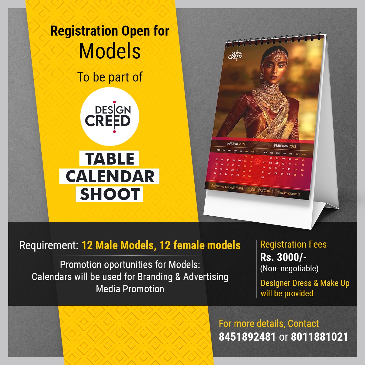 TheDesignCreed's tweet photo. Limited seats available!

Calling out all the models to be part of Design Creed's Table Calendar Shoot.

A great opportunity to be the FACE for next level of recognition.

Printed copies of the calendar will be shared for Branding &amp; advertising.

To participate, contact👇 https://t.co/MnRaEEypEC