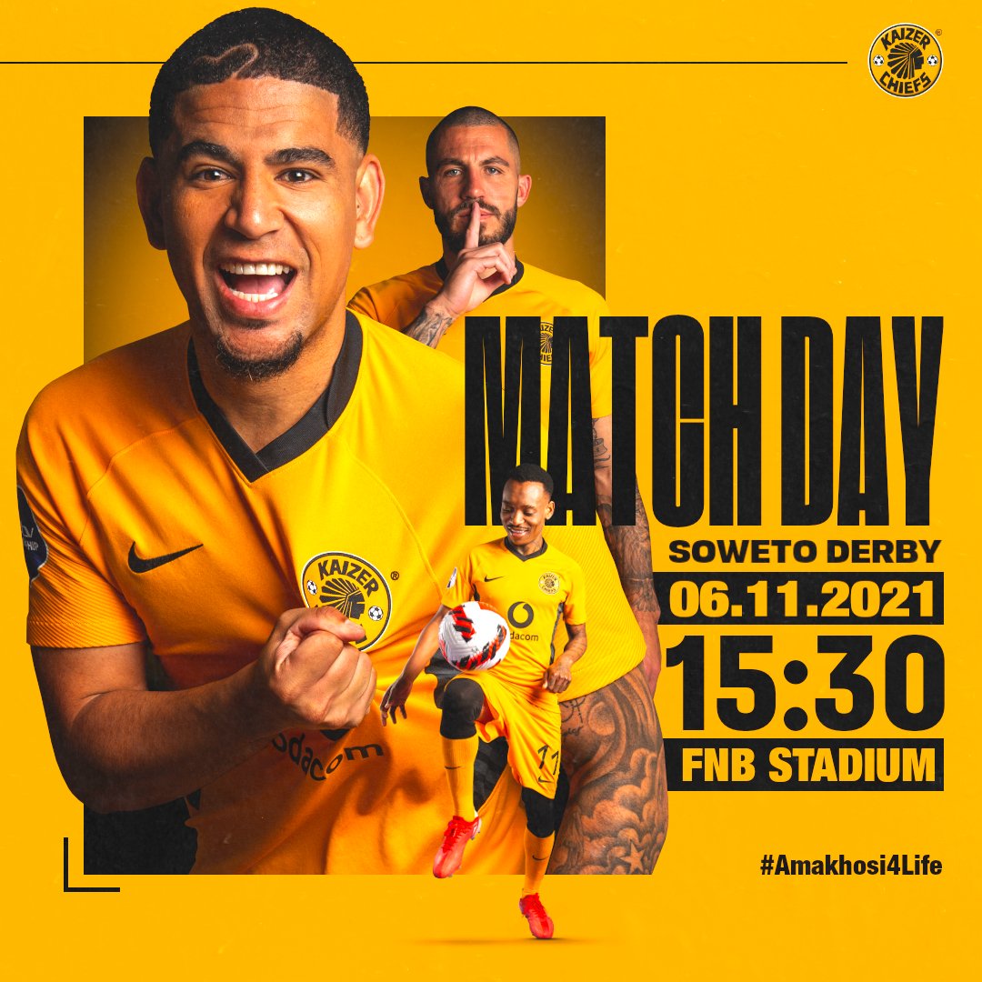 Match Day!

🏆#DStvPrem
⚽️Kaizer Chiefs vs. Orlando Pirates
👕First Team
🗓️Saturday 06 November 2021
🏟FNB Stadium
🕞15h30
📺SuperSport PSL 202 &amp; SABC 1
📢No supporters are allowed inside or just outside the stadium 

#Amakhosi4Life #SowetoDerby