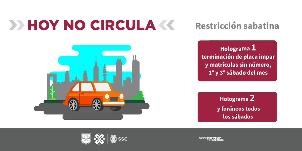 Recuerda, el programa #HoyNoCircula aplica para todos los vehículos con holograma 2, placas foráneas y los vehículos con holograma 1 terminación de placa impar.