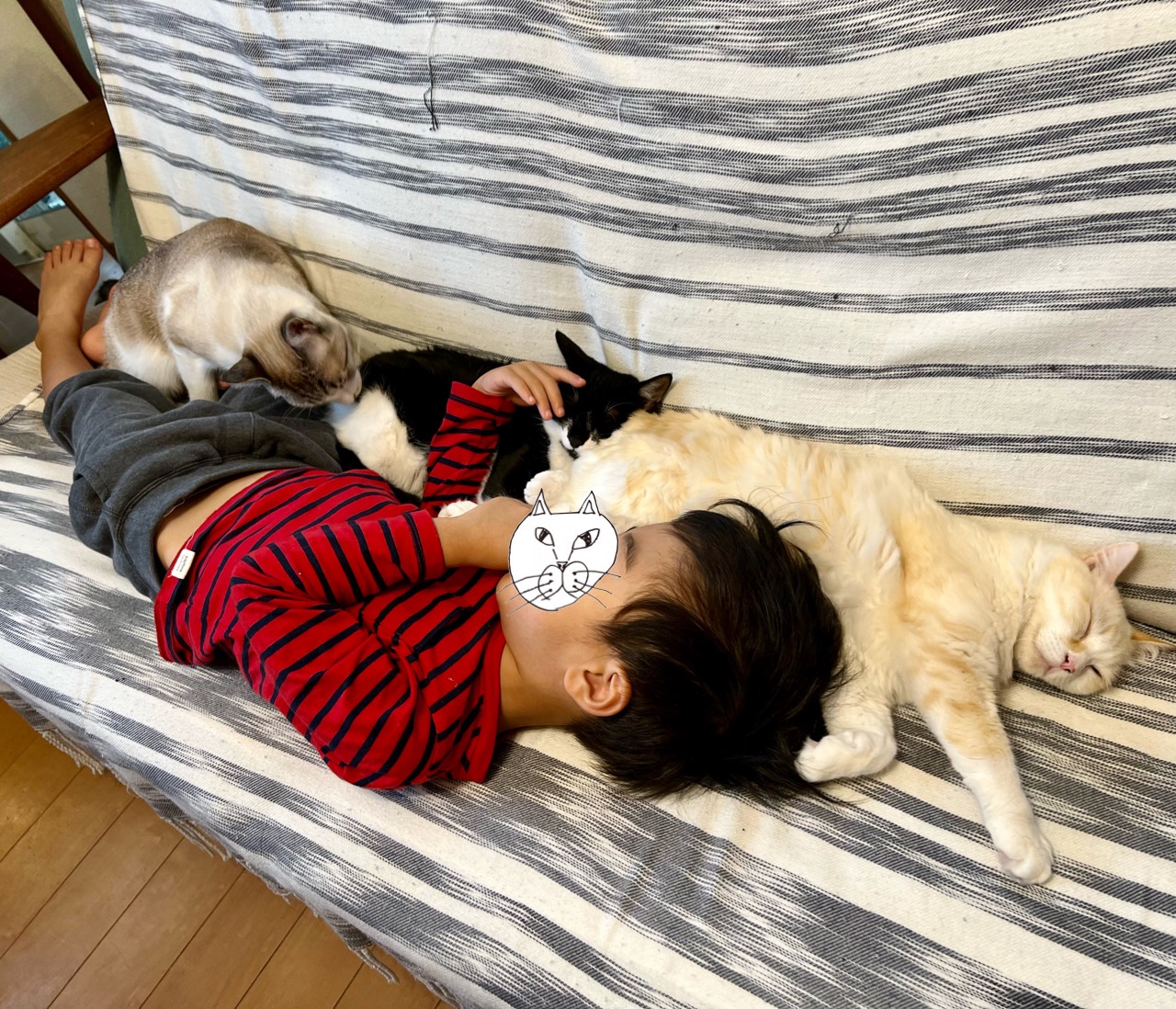 なみそ 今日も猫だまり発売中 どうしてもお昼寝をしてくれない息子を寝かしつけてくれたのはネコ達 お疲れ様 T Co 3jn91cjimu Twitter