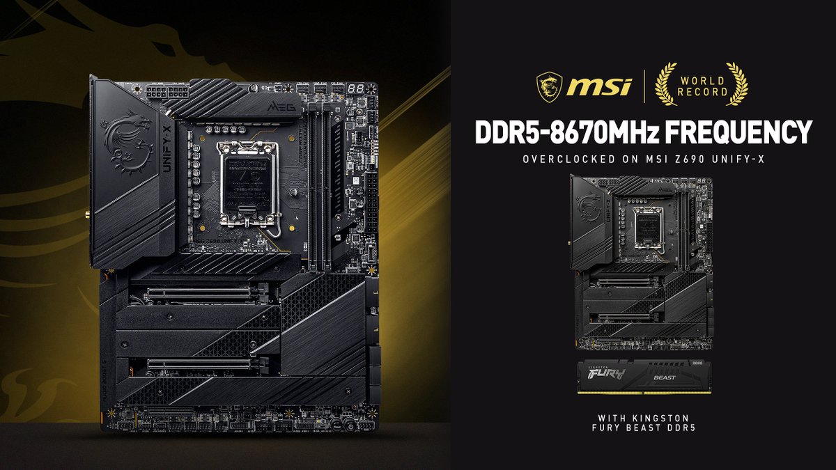 AustraliaMSI's tweet image. A new champion has been crowned. 👑

The MSI Z690 UNIFY-X Motherboard has smashed the DDR5 World Record, topping out at an incredible DDR5-8670MHz frequency using @kingstontech FURY Beast! 🏆 #Z690 #DDR5 #12thGenIntelCore