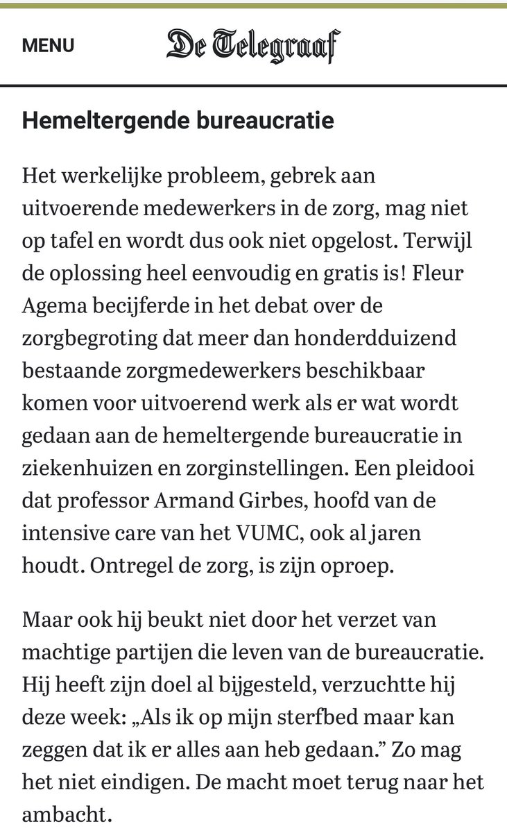 mariannezw's tweet image. De macht moet terug naar het ambacht #ontregeldezorg voordat @ArmandGirbes met pensioen is telegraaf.nl/watuzegt/29799…