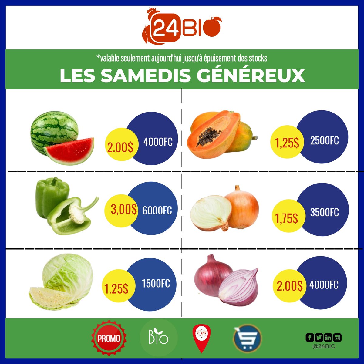 24Biodrc's tweet photo. Nos Samedis Généreux sont de retour ! 😍😍 nouvelle semaine, nouvelle offre! 🍅🥬🥒🥕🍆🥑🥖😉 
offerts pour toutes commande a partir de 15kg uniquement le Samedi ! 
Tous les détails de nos paniers et nos produits sont sur:  https://t.co/kt3iauSUHL
#24BIO #FruitsEtLegumes https://t.co/Q7jjJuMCfy