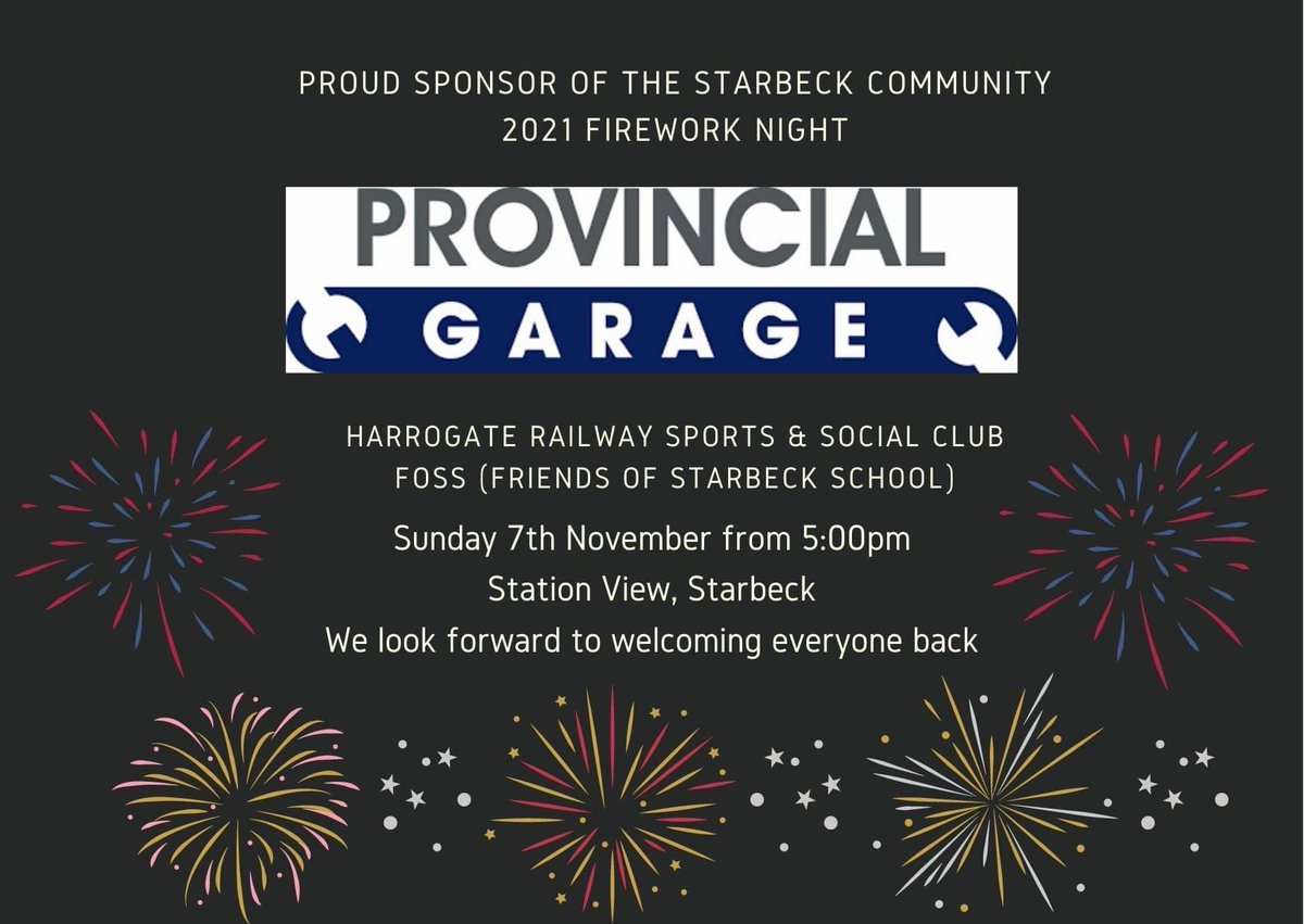 THERAILFC's tweet photo. Massive THANK YOU to Provincial Garage for your support 

📅 Sunday 7th November 2021
🏟 Harrogate Railway Sports &amp; Social Club, Station View
⏰ From 5:00pm
🎫 Under 5's FREE | 5 to 15's £1 | Over 16's £2
🍔🍻 Food and drink available - including outside bar
#starbeckcommunity https://t.co/VHwWvkQ1MN
