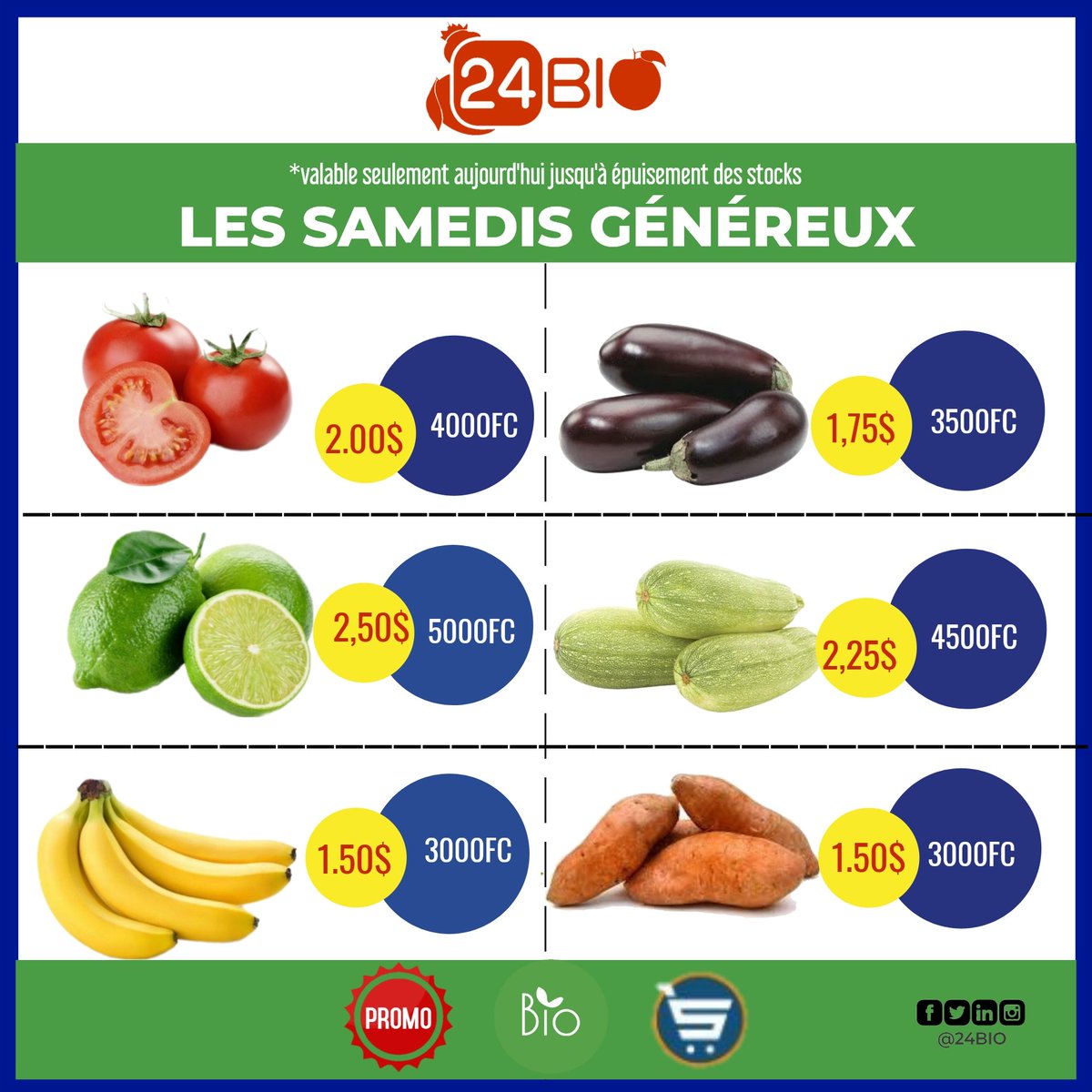 24Biodrc's tweet photo. Nos Samedis Généreux sont de retour ! 😍😍 nouvelle semaine, nouvelle offre! 🍅🥬🥒🥕🍆🥑🥖😉 
offerts pour toutes commande a partir de 15kg uniquement le Samedi ! 
Tous les détails de nos paniers et nos produits sont sur:  https://t.co/kt3iauSUHL
#24BIO #FruitsEtLegumes https://t.co/Q7jjJuMCfy