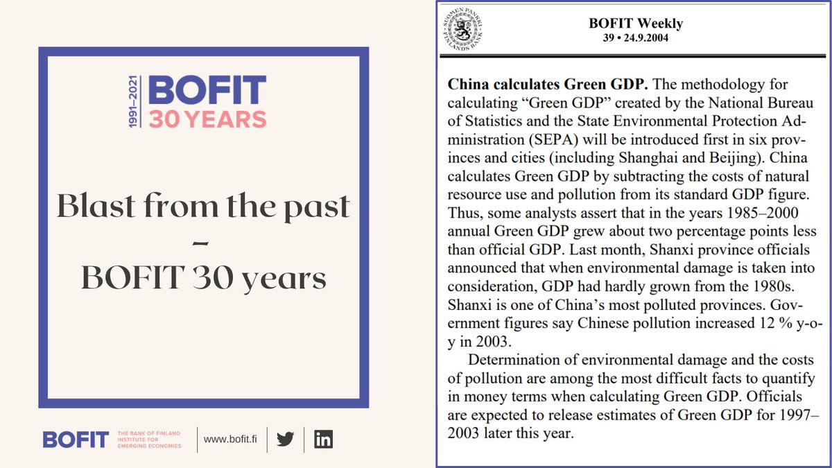 Did you remember that #China was calculating #green #GDP 15 year ago? The project caught a lot of attention but was shelved already in 2007, when the release of the second report was blocked, likely due to the heavy environmental losses it shown. #BOFIT30

https://t.co/yonKWL6tAV https://t.co/w4cIPfOL7M