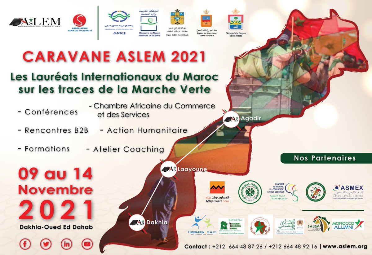 aslem_org's tweet photo. A l'occasion des #46Ans de la Marche Verte, l'ASLEM organise une Caravane au sud du Maroc.
Bonne fête au peuple marocain.
#ASLEM #Comores #AMCI #MSanté #ATTIJARI #Dakhla #Agadir #Laayoune #ASMEX #BANKSOLIDARITE #CACS #welearn #SAID #ORMDC #MPL #MoroccoAlumni #MPDC #maroc #africa https://t.co/4xiZfWRcCw