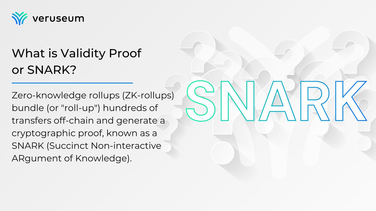 VeruseumLabs's tweet photo. 📢What is Validity Proof or SNARK?🧠

Zero-knowledge rollups (ZK-rollups) bundle (or "roll-up") hundreds of transfers off-chain and generate a cryptographic proof, known as a #SNARK (Succinct Non-interactive ARgument of Knowledge).✨

#Veruseum #ZKRollUp https://t.co/McSBboofBY