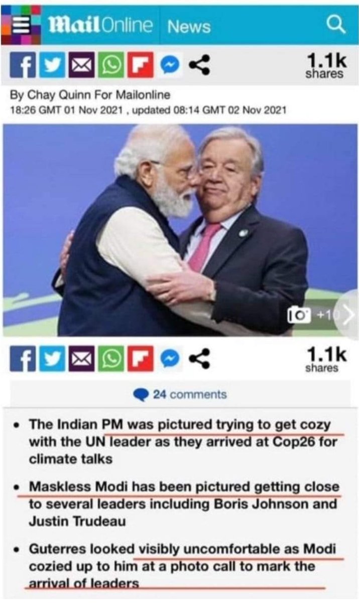 SohamY22's tweet photo. @PMOIndia @narendramodi ब्रिटेन के इस प्रमुख अखबार "मेल टुडे" ने मोदीजी की ये तस्वीर छापते हुए लिखा है :- "बिना मास्क लगाए हुए मोदीजी लगभग सभी राष्ट्राध्यक्षों के साथ जबरन गले पड़ते कैमरे में कैप्चर हुए"

सोचिए. केवल एक आदमी के प्रचार की भूख ने देश की साख को कितना गिरा दिया है.? 👇👇
Isnt nt insulting? https://t.co/0HaVhDyva1