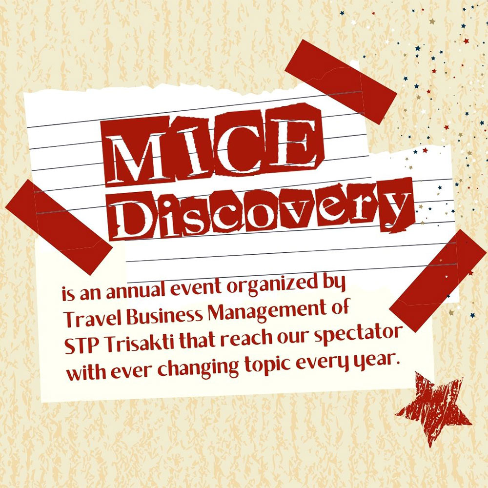 micediscovery21's tweet photo. ❓MICE DISCOVERY❓
-
Since 2015, MICE discovery has been held with different topic organized by Travel Business Management major. The success of this event prove our capabilities in this industry.

Kind Regards,
STP Trisakti - D4 UPW 2019 
-
#The9thMICEDiscovery #OptiMICE https://t.co/OyyGXTxU0A