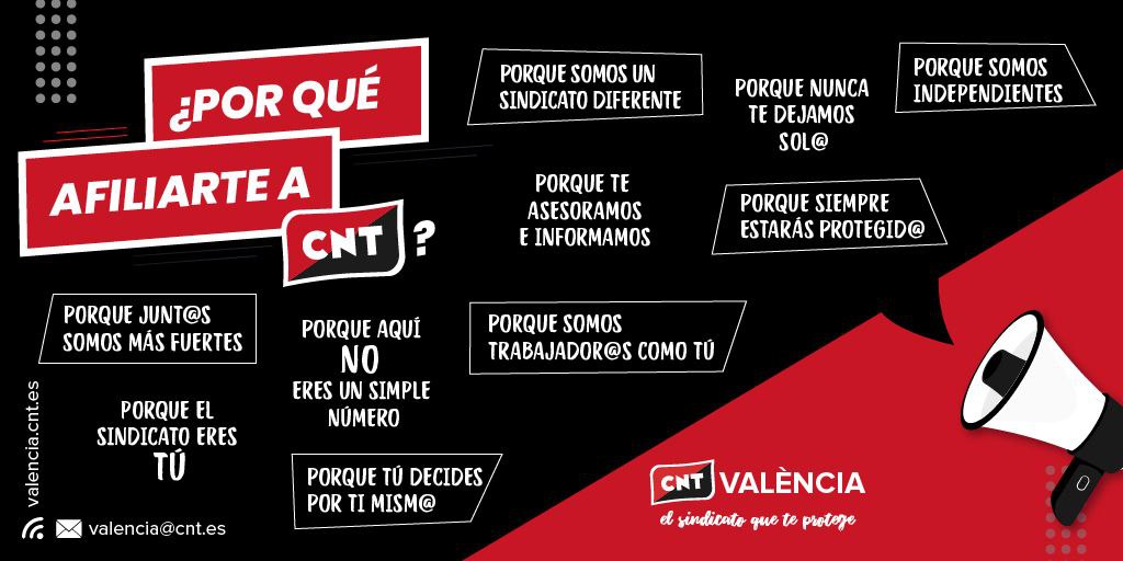 CNT_Valencia's tweet photo. ¡10 RAZONES!

¿Por qué afiliarse a @CNTsindicato?

Somos diferentes; somos trabajador@s como tu; te asesoramos, informamos y nunca te dejamos solo.

Simplemente somos un sindicato distinto.

#FelizSábado https://t.co/XXbEikbPsX