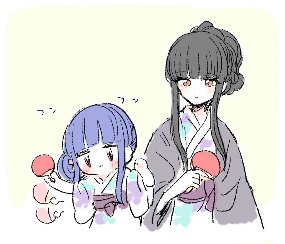 sajo yukimi multiple girls 2girls japanese clothes blue hair kimono black hair yukata  illustration images