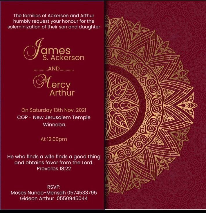 officialdanso1's tweet photo. We are glad to announce the upcoming marriage ceremony of our own, Mercy Arthur (AcCE student) @Winneba on 13th November, 2021.
It's important we join our sister celebrate her new blessing. A special package from #OutProgramDiary21 @AcCE_62 @AcCEMakers #MUNMCI https://t.co/ugezONPt6d