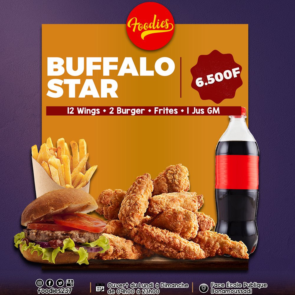 Foodies_237's tweet photo. Hey 😋

#FoodiesWings
#WingsAttack ☄️

#BuffaloStar
- 2 Burger
- 12 Wings
- 1 JusGM
- Frites

En Famille, Entre Potes, Entre Collègues, vous êtes chez vous 🤗

#WeAreFoodies😎
#IciEtNullePart✌🏾

📆 Ouvert tous les jours
⏱ De 09h à 23h
📲 654-400-400
📍 Bssadi Face École Publique https://t.co/gPjNqfow4P