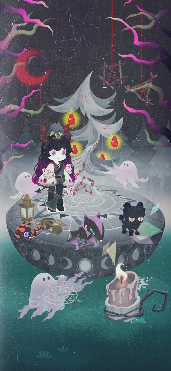 candle ghost black hair purple eyes 1boy moon horns  illustration images