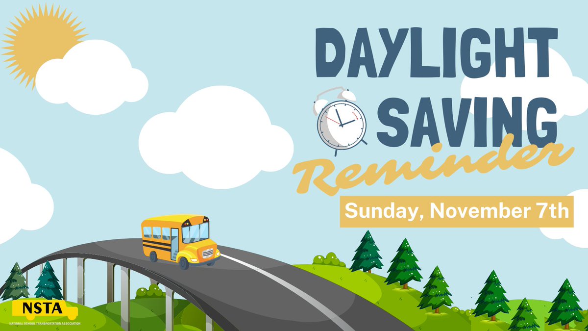 nstayellowbuses's tweet photo. Sunday, November 7th  marks the end of Daylight Savings Time (DST). This time change alters driving conditions so take extra precautions in and around school bus stops. Share this post to remind others to #brakeforthebus. #schoolbussafety #schoolbus #daylightsaving #busstop https://t.co/pwRMiovagE