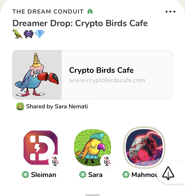 i_woode's tweet photo. On @Clubhouse in @TheDreamConduit room listening to @sara_nmt share her project #Crypto Birds Cafe at the #DreamerDrop 

#NFTs #NFTArtist #NFTCollector #Artist 

You can join us now here

https://t.co/jVRZiiNtny https://t.co/SxwZhwPqe2