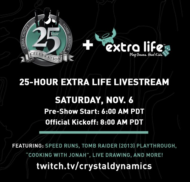 tombraider's tweet photo. We will be featuring all sorts of Tomb Raider content on stream this weekend in honor of @ExtraLife4Kids! If you are able to donate towards our $25k goal going to a great cause, head over to our team page: https://t.co/214OMxHAyw

Proceeds go to @UCSFChildrens &amp; @UCSFBenioffOAK! https://t.co/NlmCfRSLDe