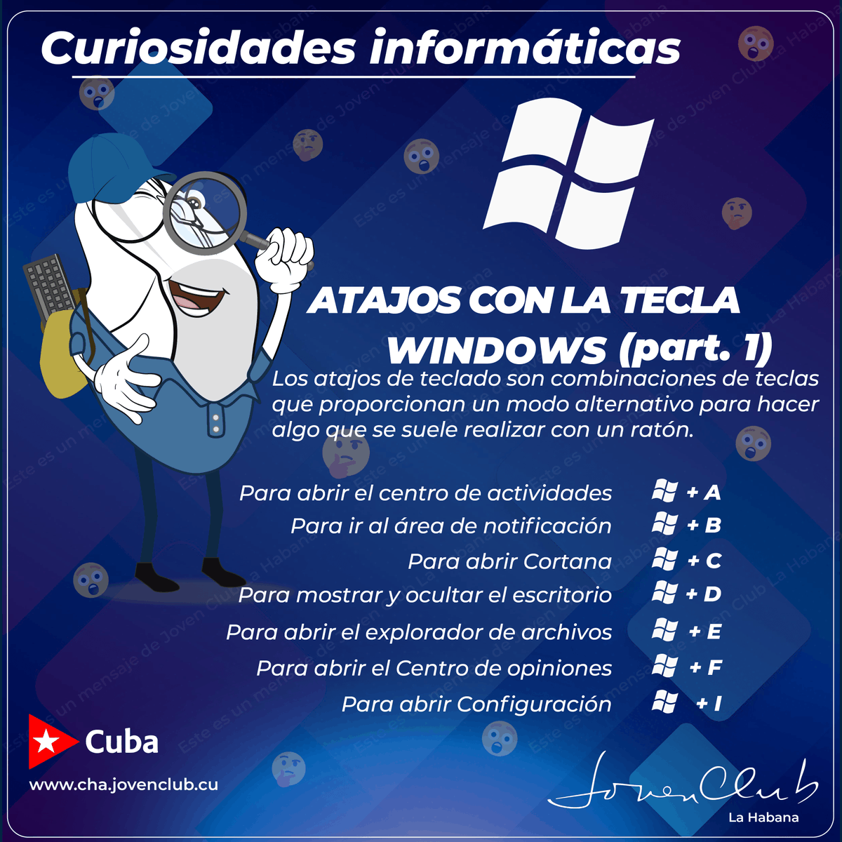 JovenClubHabana's tweet photo. Buenos días amigos 😀
#JovenClubLaHabana comparte contigo hoy en  #CuriosidadesInformática algunos atajos de la tecla #Windows 💻🖱 Teclas de acceso rápido que se utilizan para una operación más optimizada con el ordenador.
Recuerda que #JovenClubTeConecta con la #Tecnologia https://t.co/5N4yrvQOwx