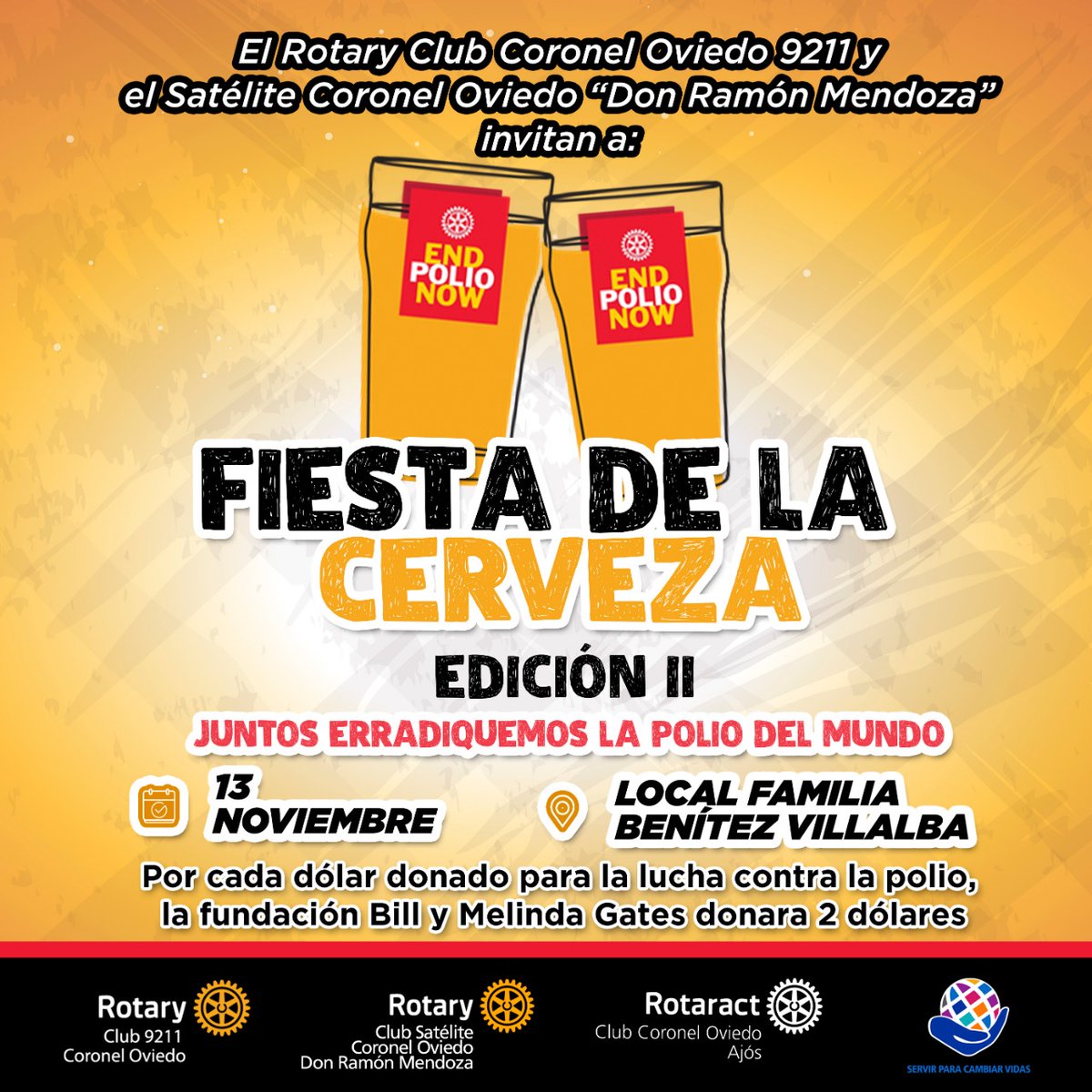 CRotary9211's tweet photo. #ServirParaCambiarVidas
Este sábado 13 de noviembre, les esperamos para compartir una noche de camaradería, y juntos #PongamosFinALaPolio.
#PintsForPolio #RotaryClubCoronelOviedo
#Club9211 #RCSateliteDonRamónMendoza
#RotaractCoronelOviedoAjós https://t.co/6CKumm4t5u