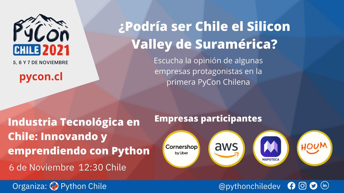 pythonchiledev's tweet image. El día de hoy en la #PyConChile2021 tenemos una mesa de discusión. Escucha la opinión de algunas empresas protagonistas en la primera PyCon Chilena sobre:
"Industria Tecnológica en Chile: Innovando y emprendiendo con Python"
⏰12:30 hora Chile
#pyconchile #pyconcl #Python