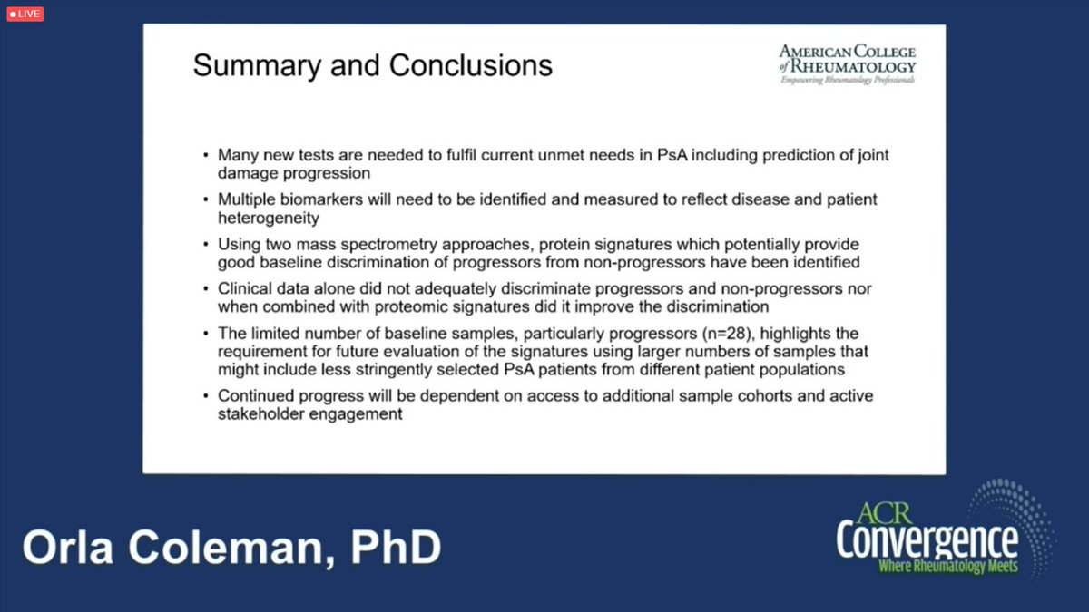 Nellziade's tweet photo. #SpA session #ACR21 
Biomarkers to predict radiographic progression in active #psoriatic_arthritis
Clinical data alone is not enough
@ColemanOrla 
 
#ACRambassador https://t.co/NOlbqnBtxl