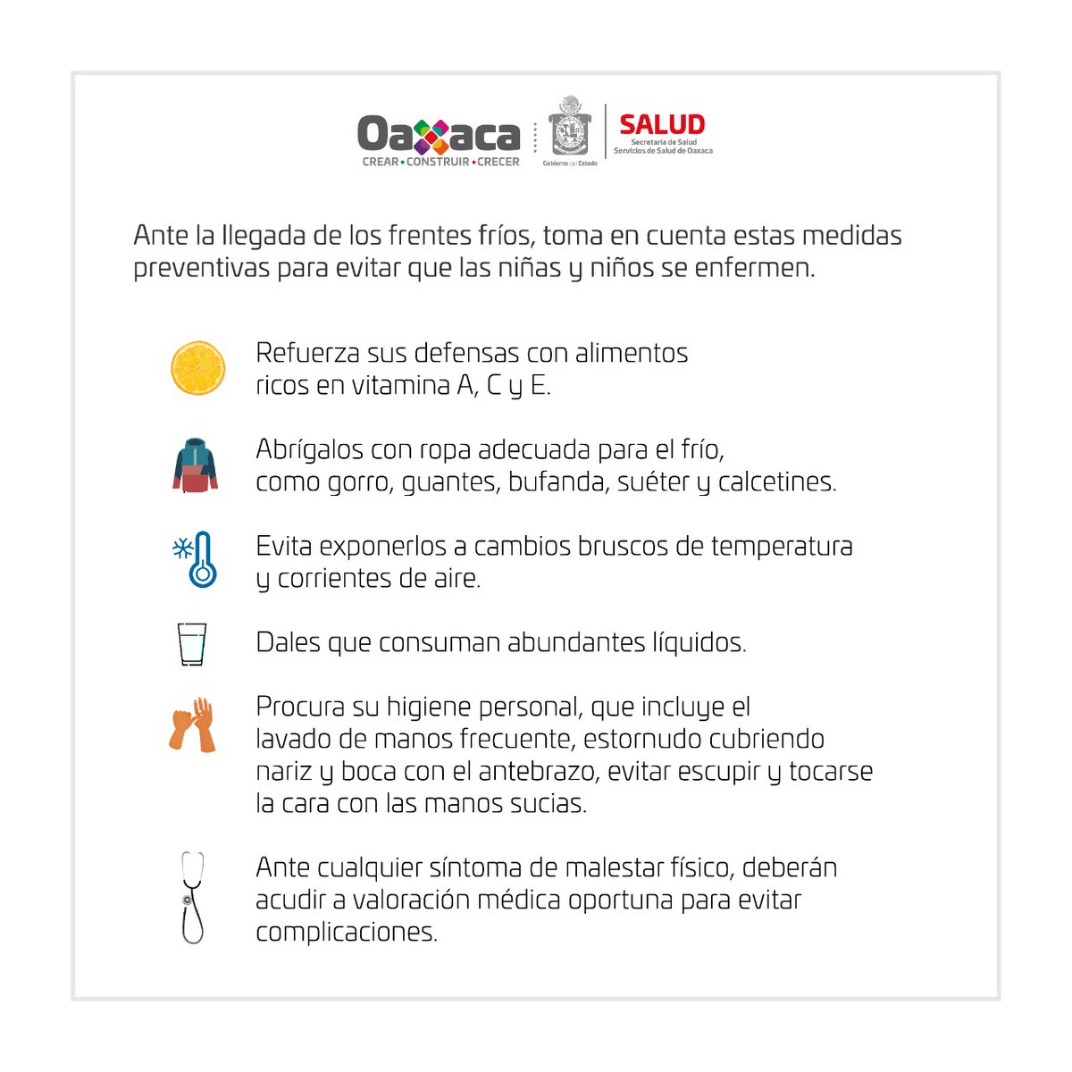 SSO_GobOax's tweet photo. Ante el descenso de la temperatura y pronóstico de lluvias por la entrada del frente frío número 7 de acuerdo al Servicio Meteorológico Nacional (SMN), exhortamos a la población a abrigarse adecuadamente, particularmente a las niñas y niños para prevenir que se enfermen. https://t.co/LVzOPxAwN6