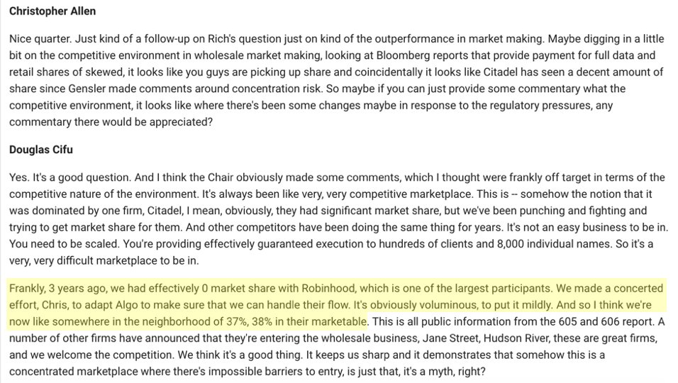 Virtu CEO @Dougielarge gave some interesting insight into wholesaler competition during Q3 earnings:

Three years ago Virtu did no business with Robinhood.  After refining their algos &amp; risk management strategy they now have nearly 40% market share.