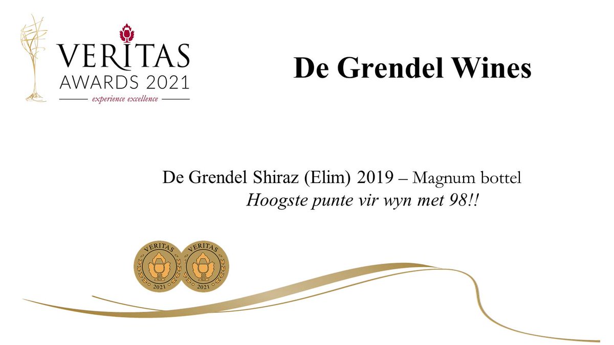 2021 #VeritasAwards #VeritasDoubleGold medal to De Grendel Shiraz (Elim) 2019 – congrats to winemaker Charles Hopkins and the team!
#VeritasWineAwards #VeritasAward #Veritas  #ExperienceExcellence #PotstillBrandy
