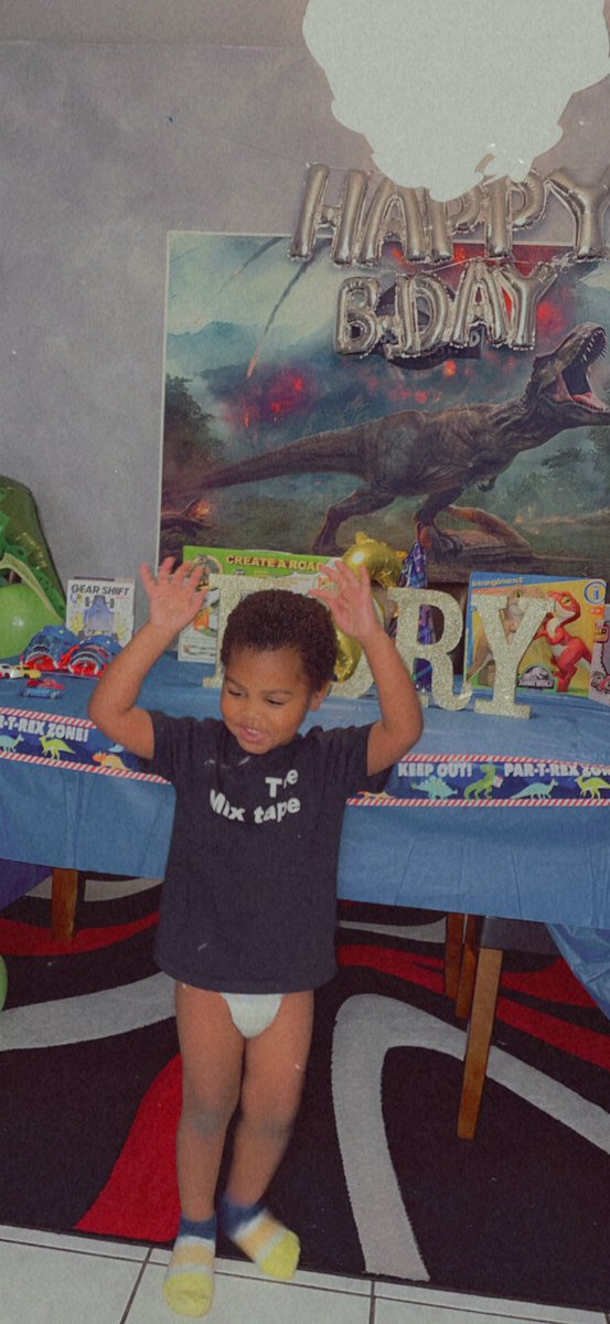 MrsKaee's tweet photo. He just woke up and seen his decorations lol. Happy 3rd birthday to my handsome, smart and loving son! We love you so much Rory🎉 #3Rex 🦖 https://t.co/5jEQIYxeb9